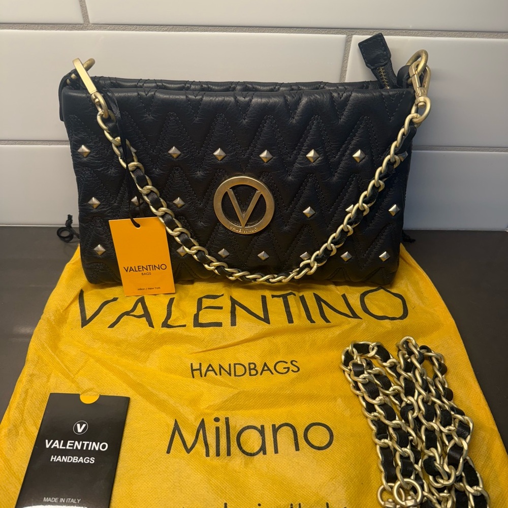 Valentino Black Quilted Shoulder Bag with Gold Chain and Logo